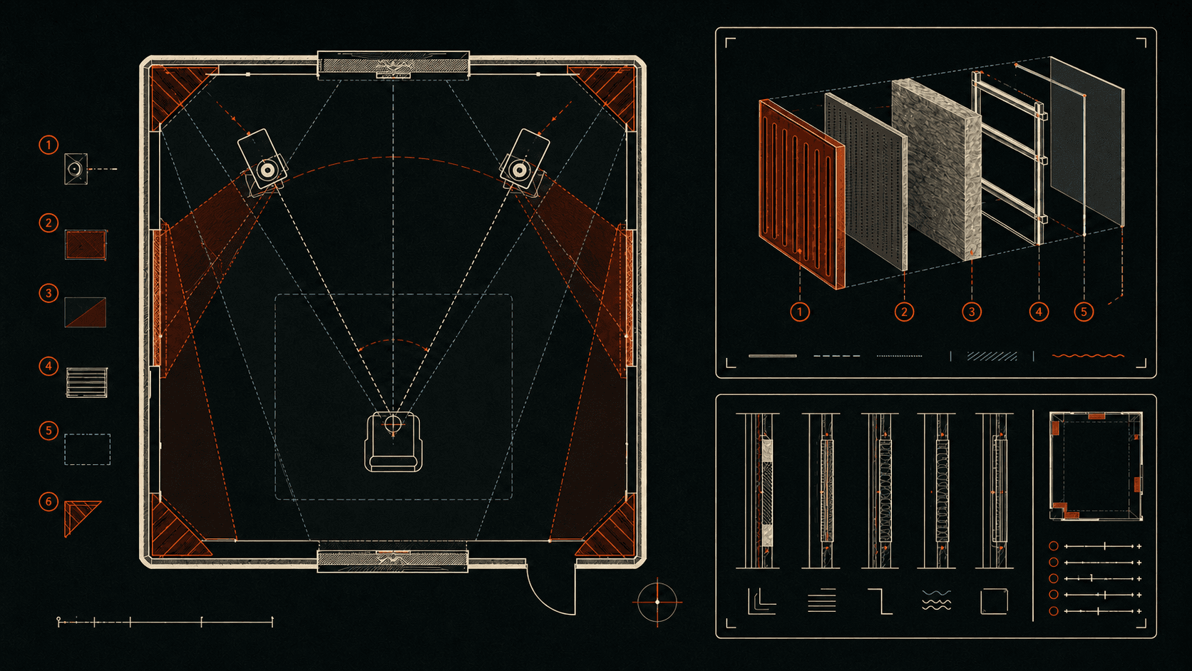 Generalized sound reinforcement and acoustic-treatment concept showing speaker geometry, treatment zones, and panel construction